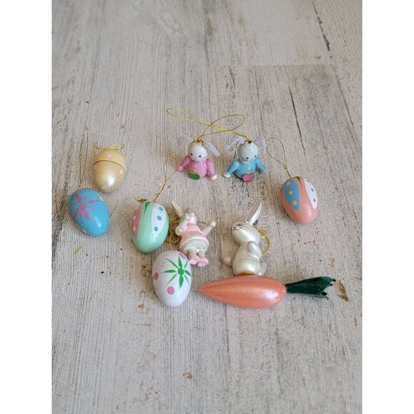 Vintage Easter‎ Bunny carrot egg wooden miniature ornament spring set - Picture 1 of 7